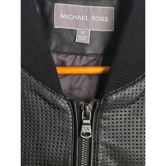 Michael Kors Black Faux Leather Perforated Moto Jacket Cuffed Size Medium - Picture 3 of 10